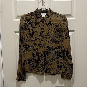 LOFT Women’s Black and Gold Silk Sheer Floral Button Down Shirt